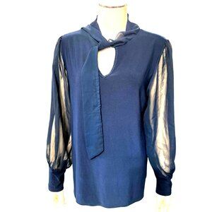 Adele May Navy Blouse Large Sheer Sleeve Tie Neck Keyhole Romantic Soft Glam